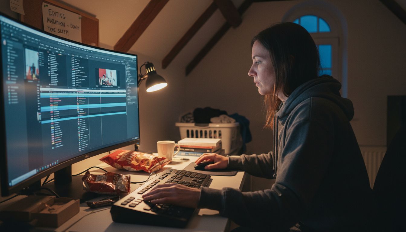 Focused editor trimming timeline in attic studio
