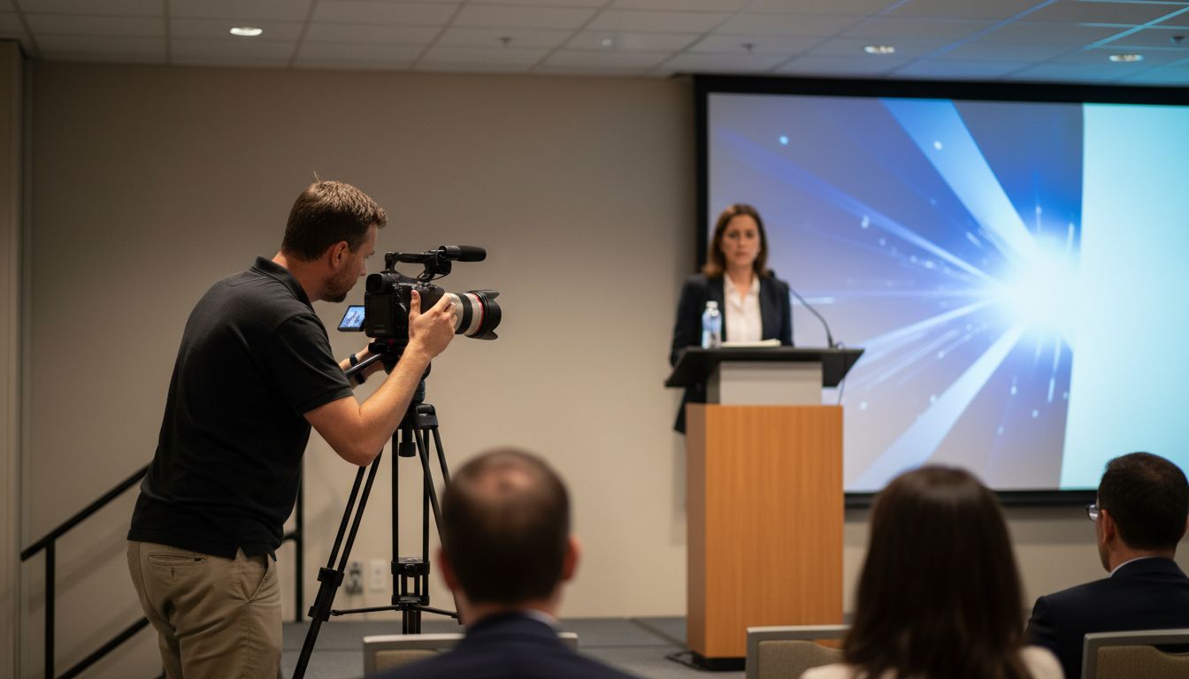 Videographer filming live corporate presentation