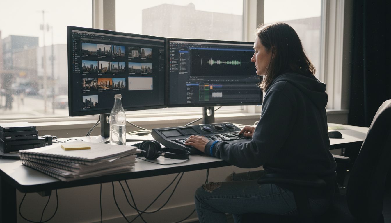 Film editor at workstation in editing suite