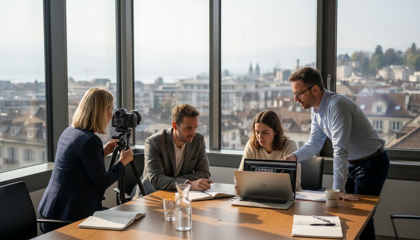Une équipe suisse se réunit au bureau pour organiser le tournage d’une vidéo professionnelle.