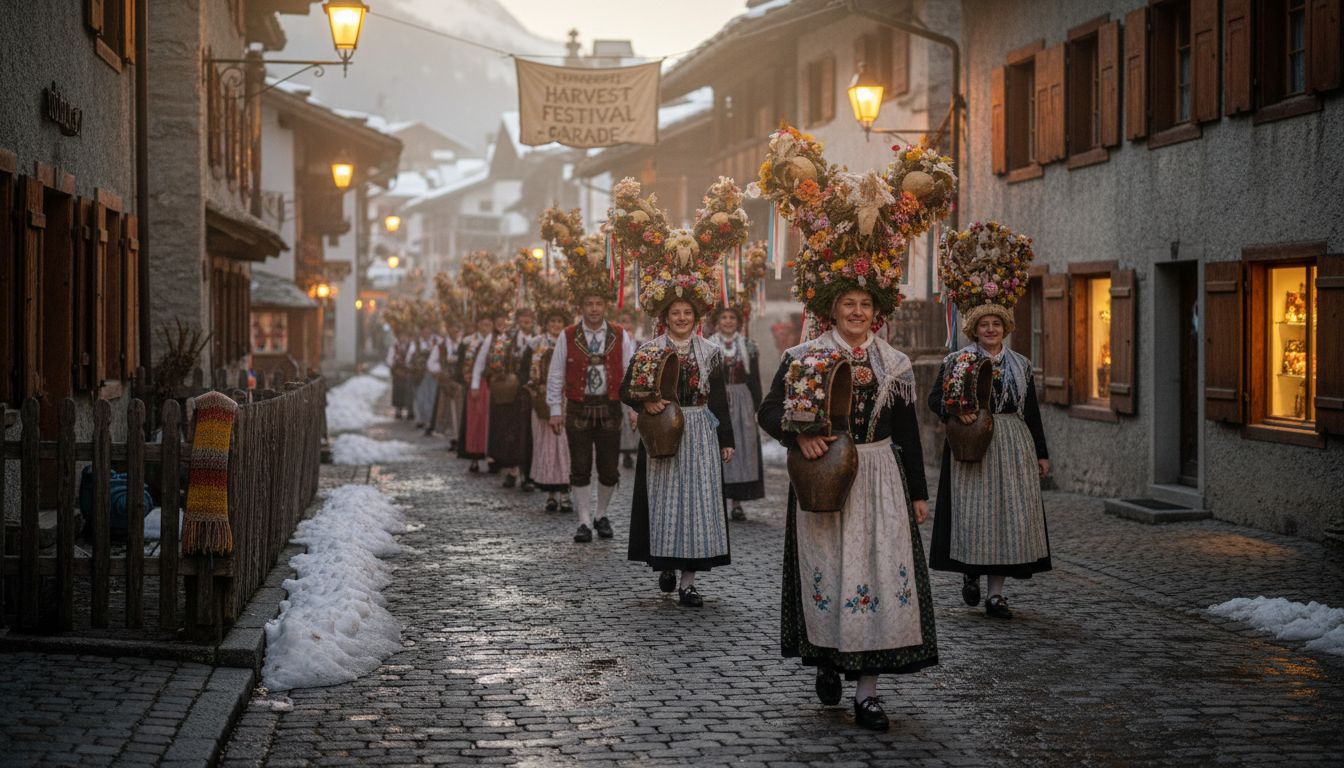 Swiss villagers in traditional festival procession