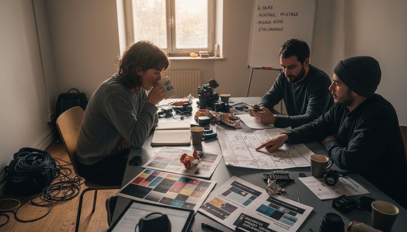 L’équipe vidéo passe en revue les premières versions du storyboard.