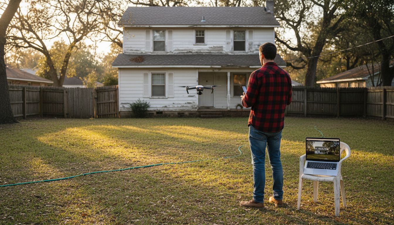 Drone pilot filming suburban house exterior
