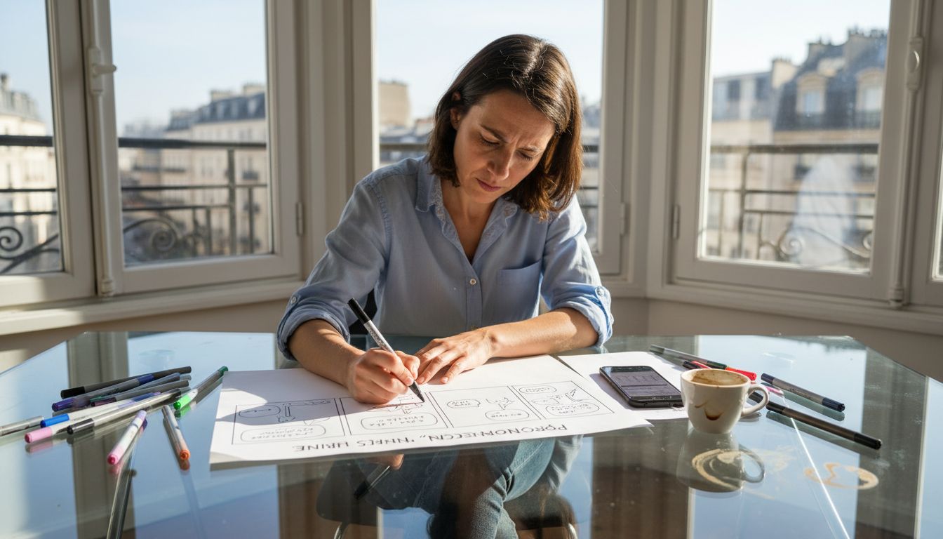 Une responsable marketing en pleine réflexion, installée à son bureau, élabore une stratégie de contenus vidéo.