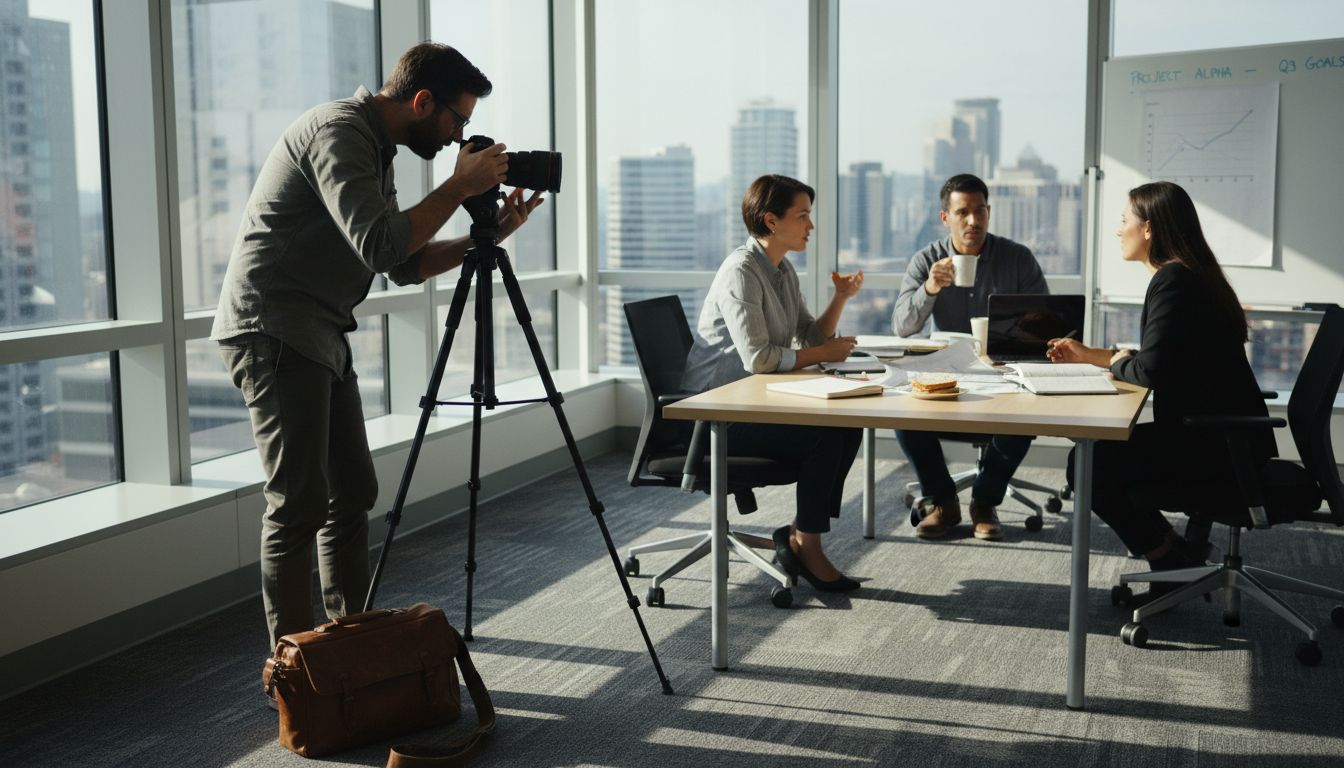 Videographer filming meeting in corner office