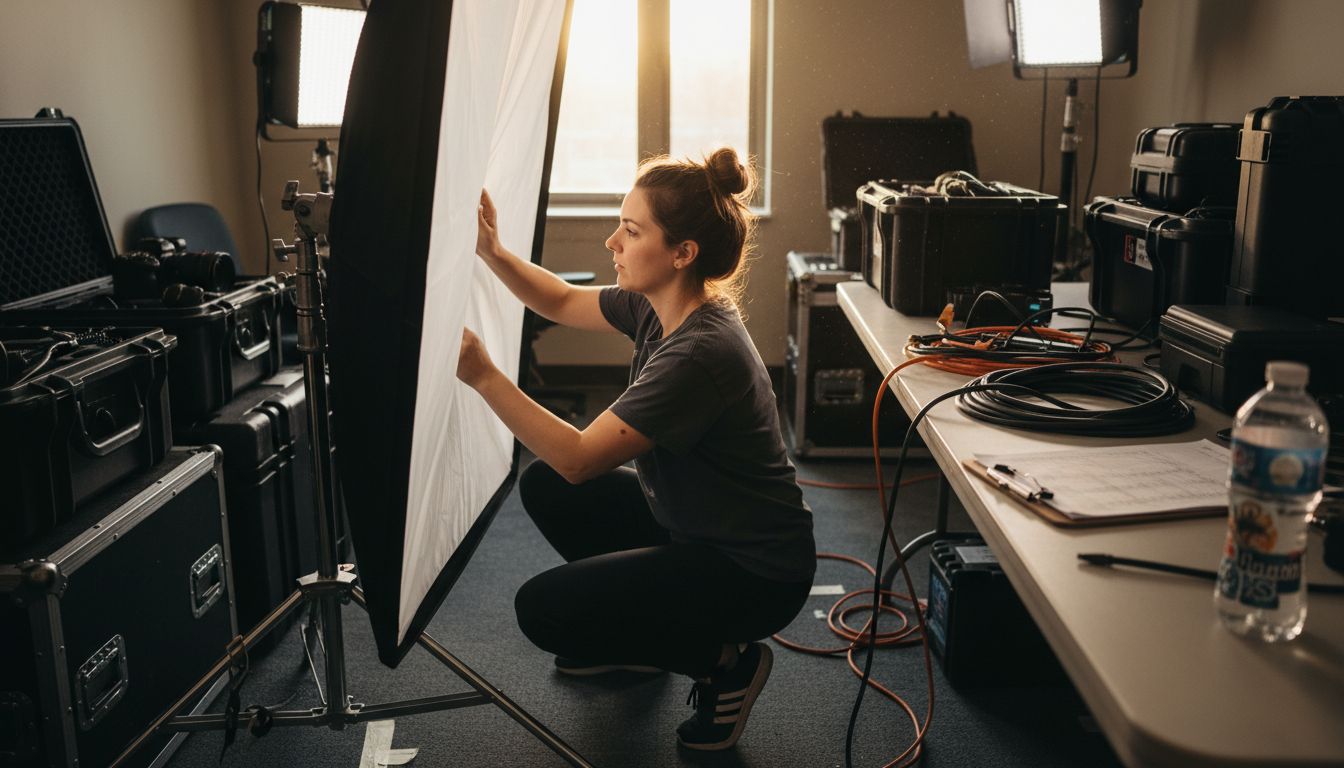 Videographer adjusting lights amid equipment