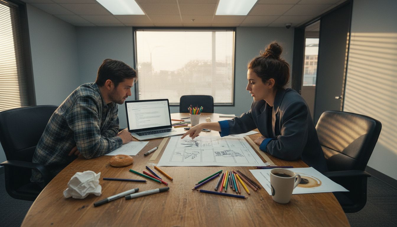 Creative director reviews storyboards in meeting
