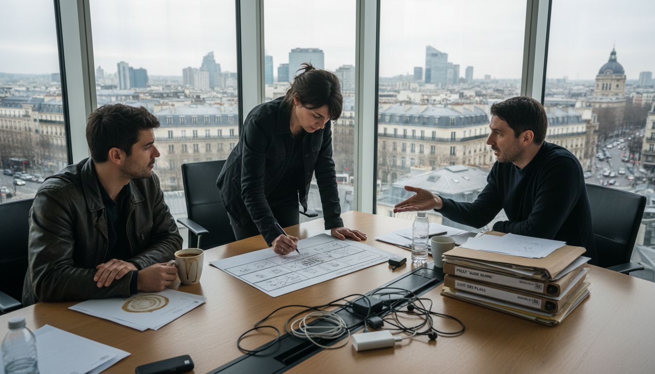 L’équipe se réunit au bureau pour passer en revue le storyboard du prochain projet vidéo.