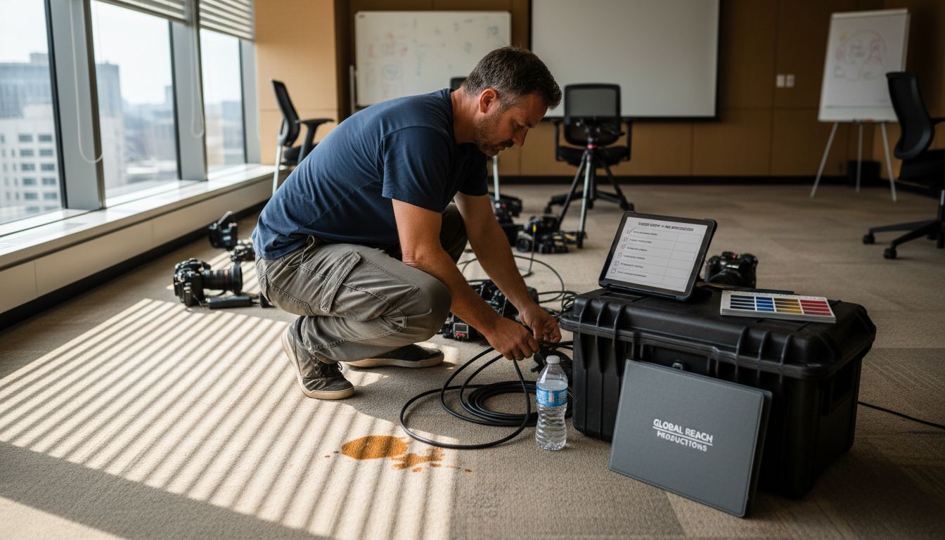 Videographer organizing branding assets for filming