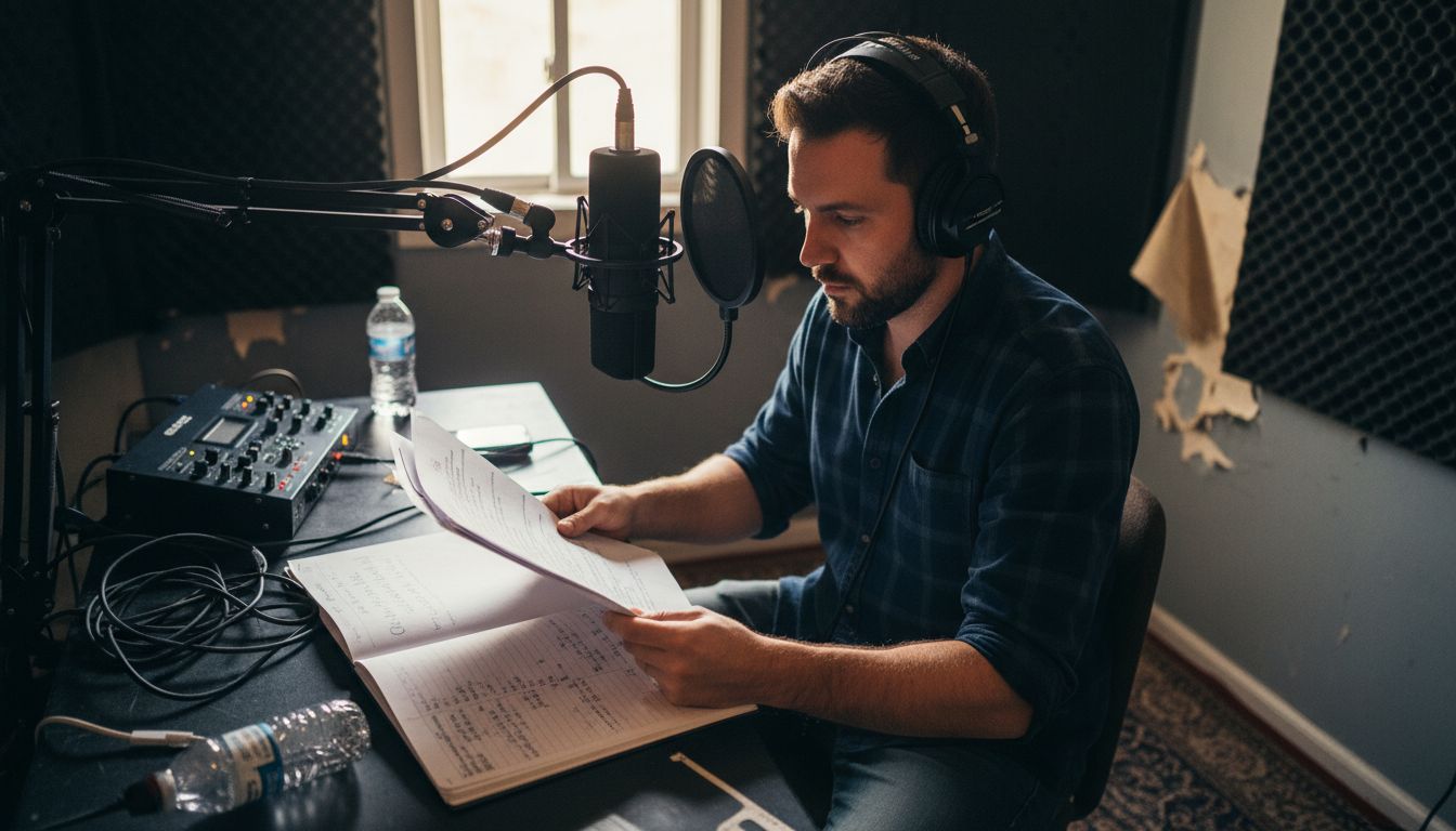 Voiceover artist narrating script in audio studio