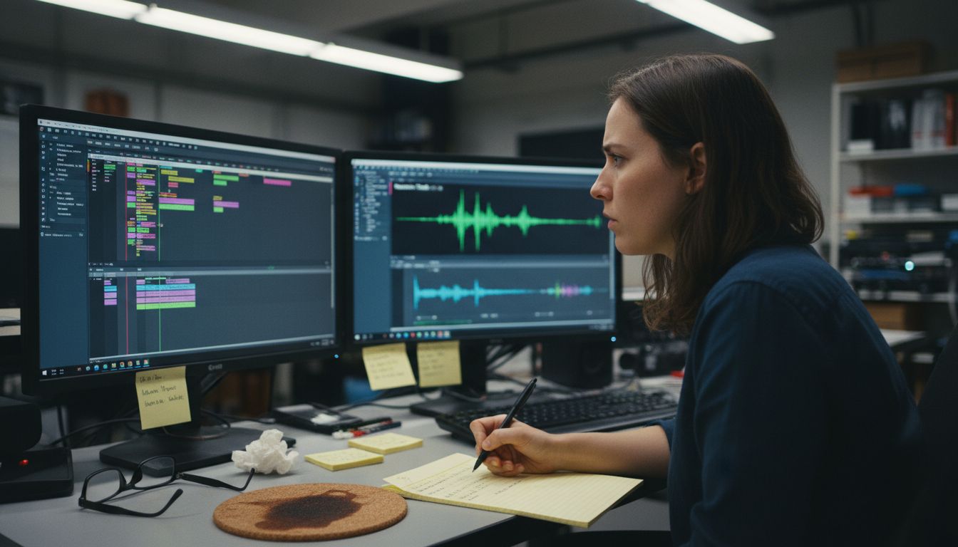 Film editor reviews narration track in studio