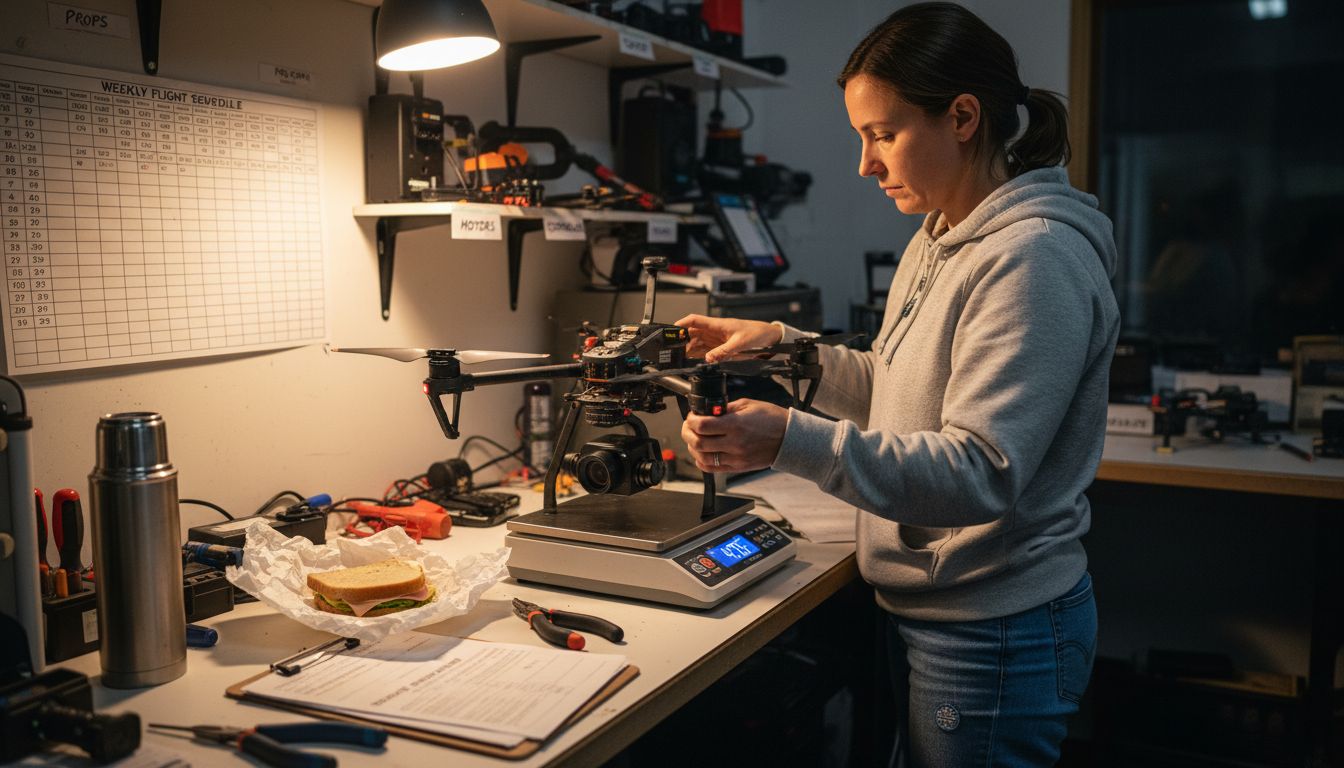 Technician weighs filmmaking drone in workshop