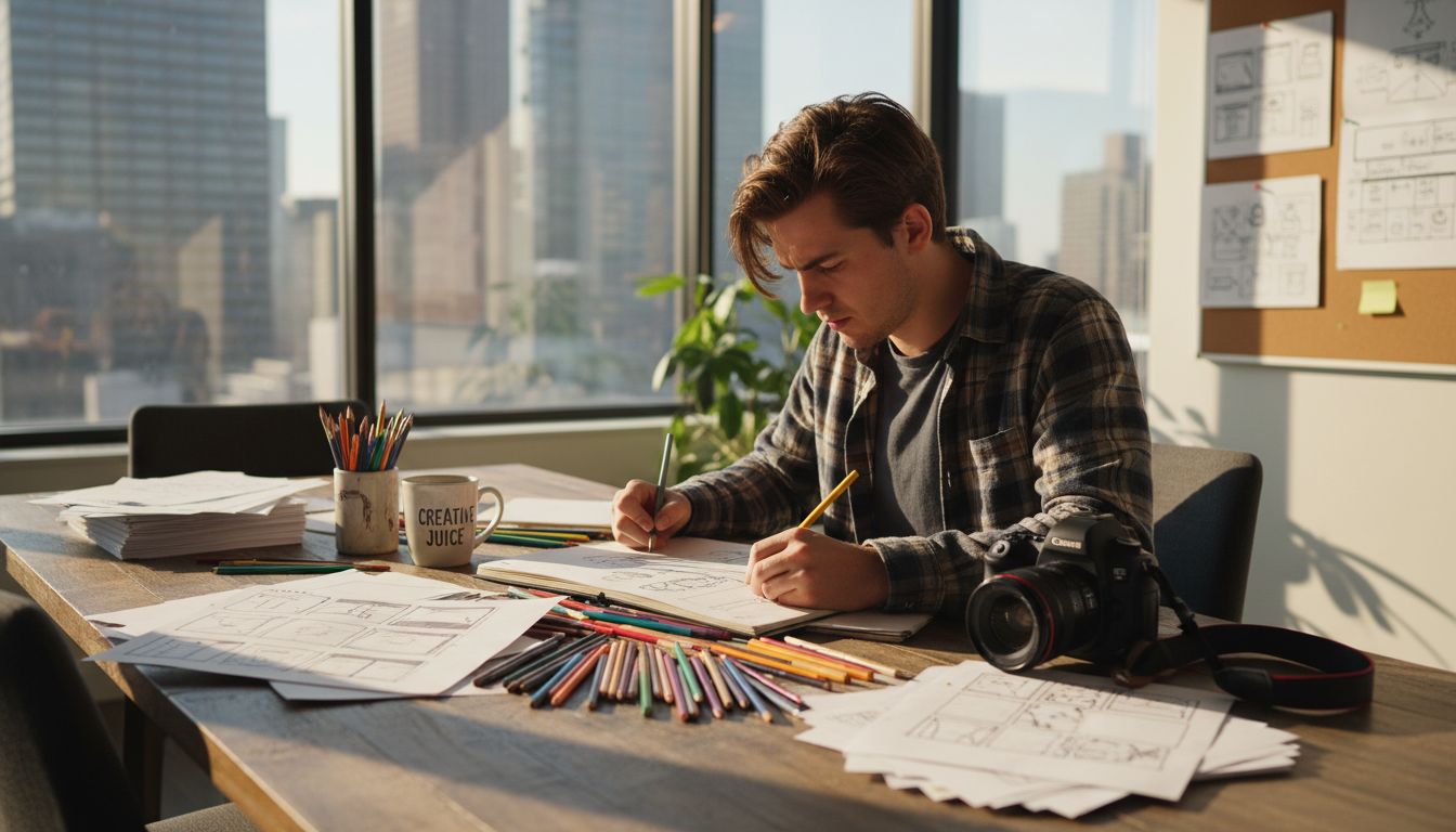 Videographer sketching storyboard at messy conference table