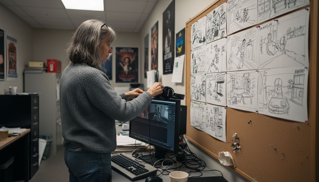 Director pinning up storyboard panels in editing suite