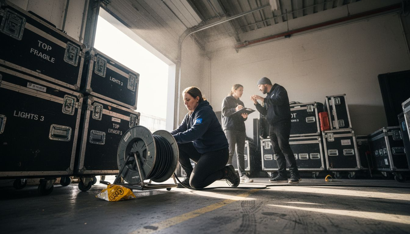 Crew organizing equipment in studio loading dock