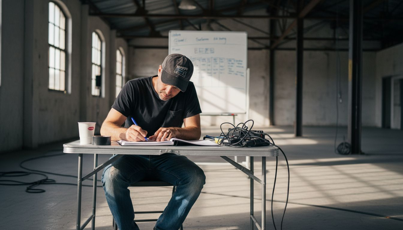 Director planning film shoot with marked script