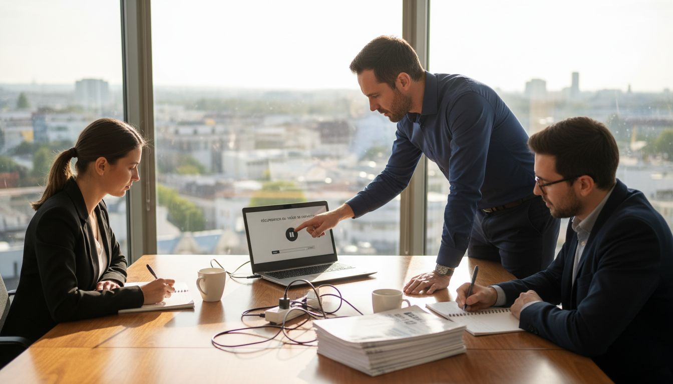 Un formateur anime une réunion en entreprise en diffusant une vidéo à l’équipe.