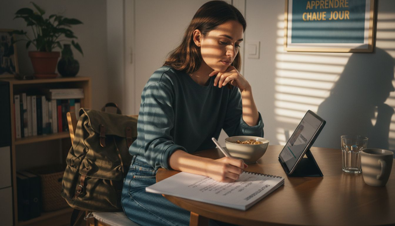 Un apprenant met en pause une vidéo de formation chez lui.