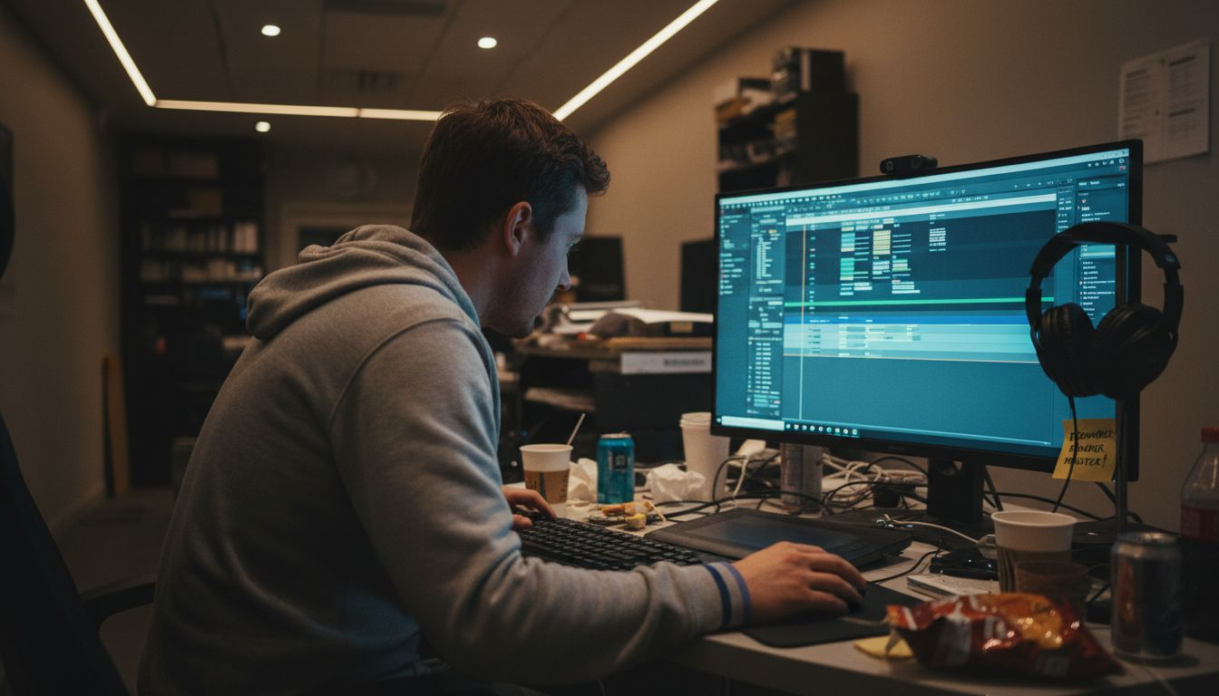 Video editor working at editing desk