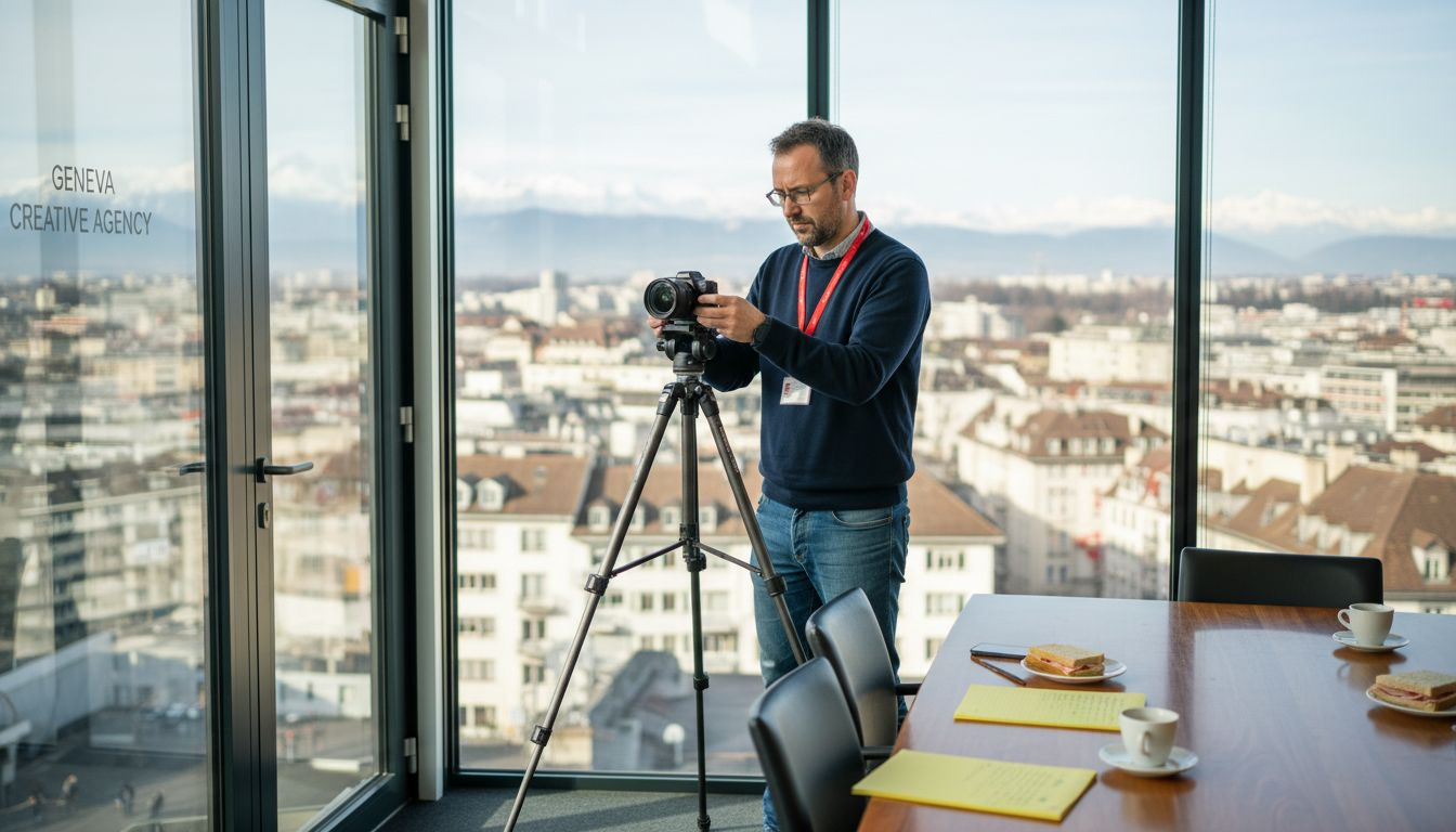 Videographer setting up shoot in Swiss agency office