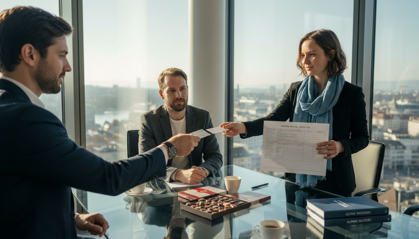 Filmmakers at Swiss business meeting exchanging cards
