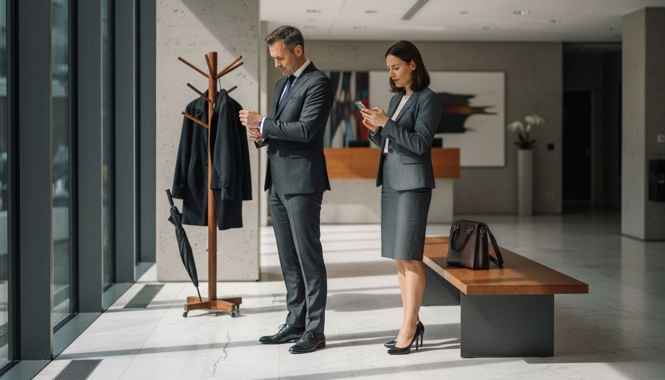 Swiss professionals in formal business attire lobby
