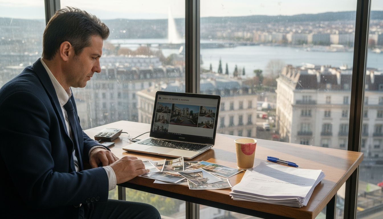 Un agent immobilier consulte son portfolio vidéo assis à son bureau.