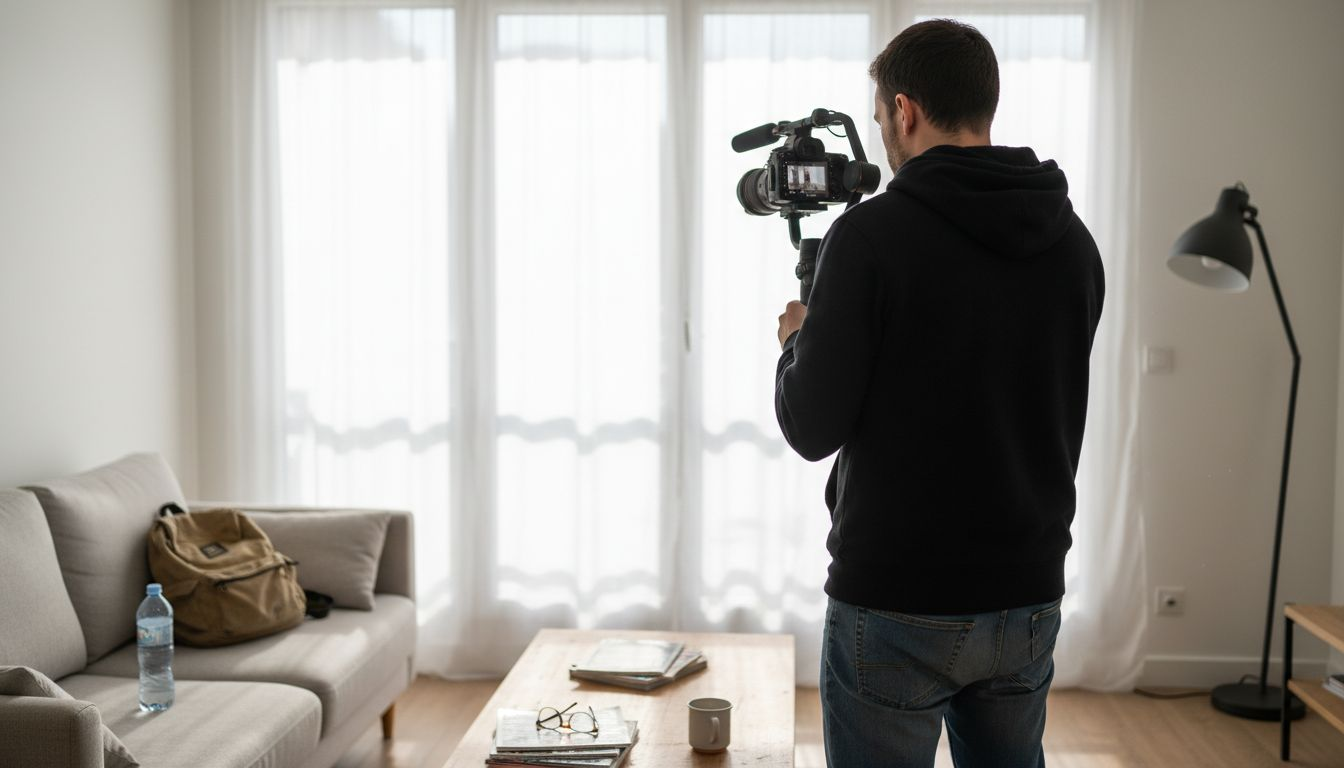 Un vidéaste réalise des prises de vue de l’intérieur d’un appartement contemporain.