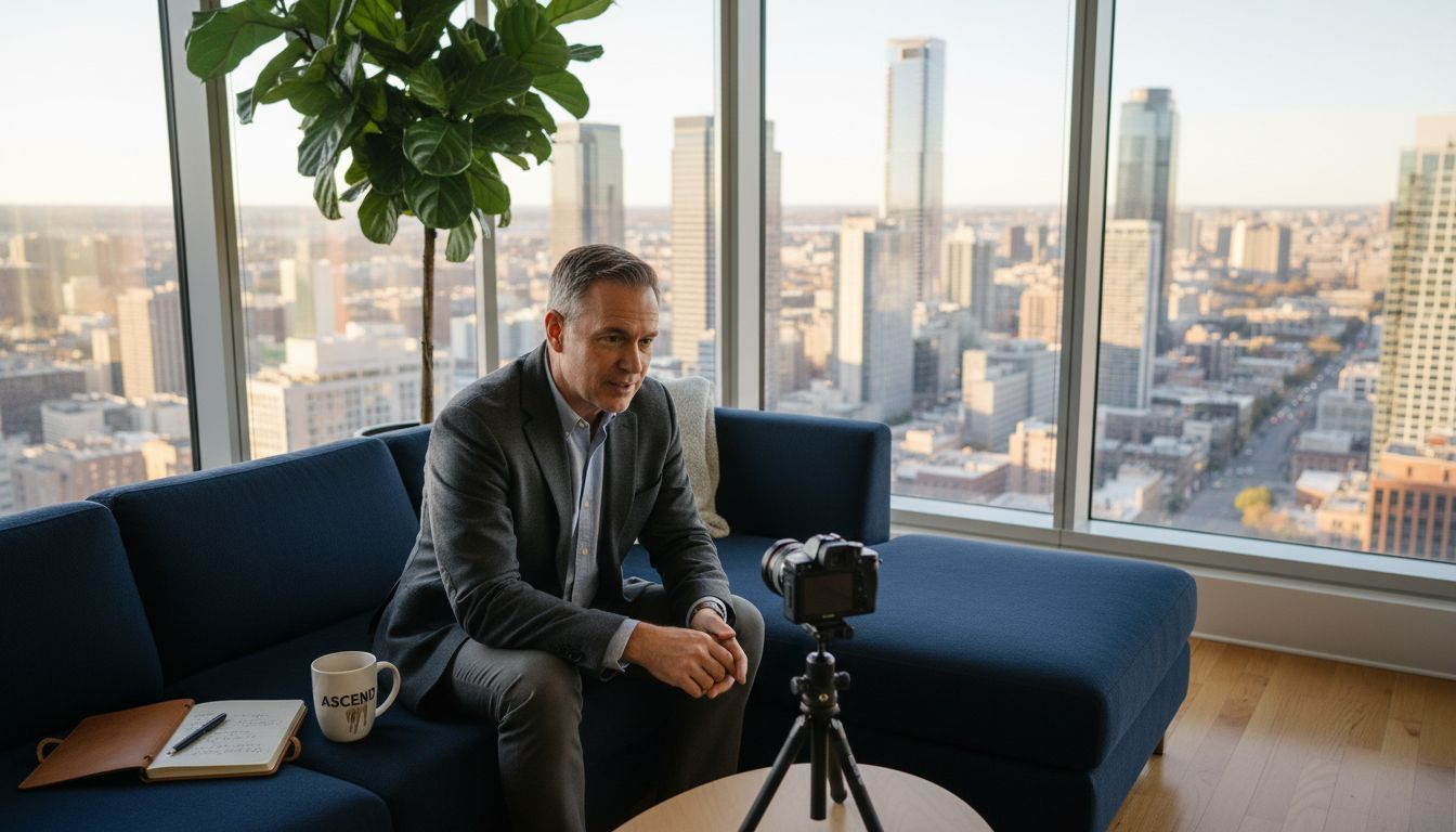 Man records testimonial in bright, city-view office