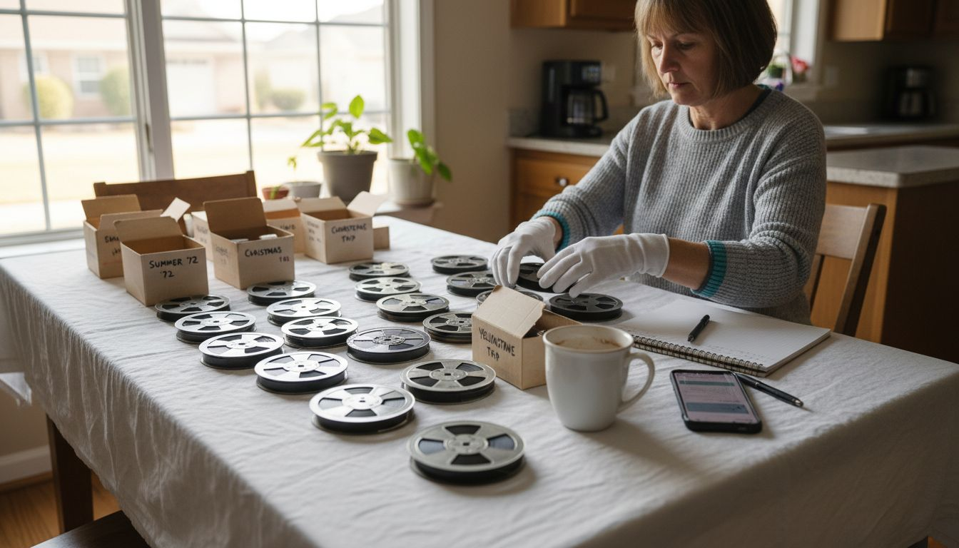 Woman organizing 8mm film reels carefully