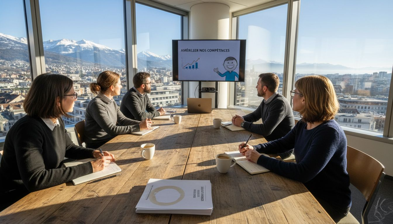 L’équipe du bureau suisse se réunit pour visionner une vidéo de formation ensemble.
