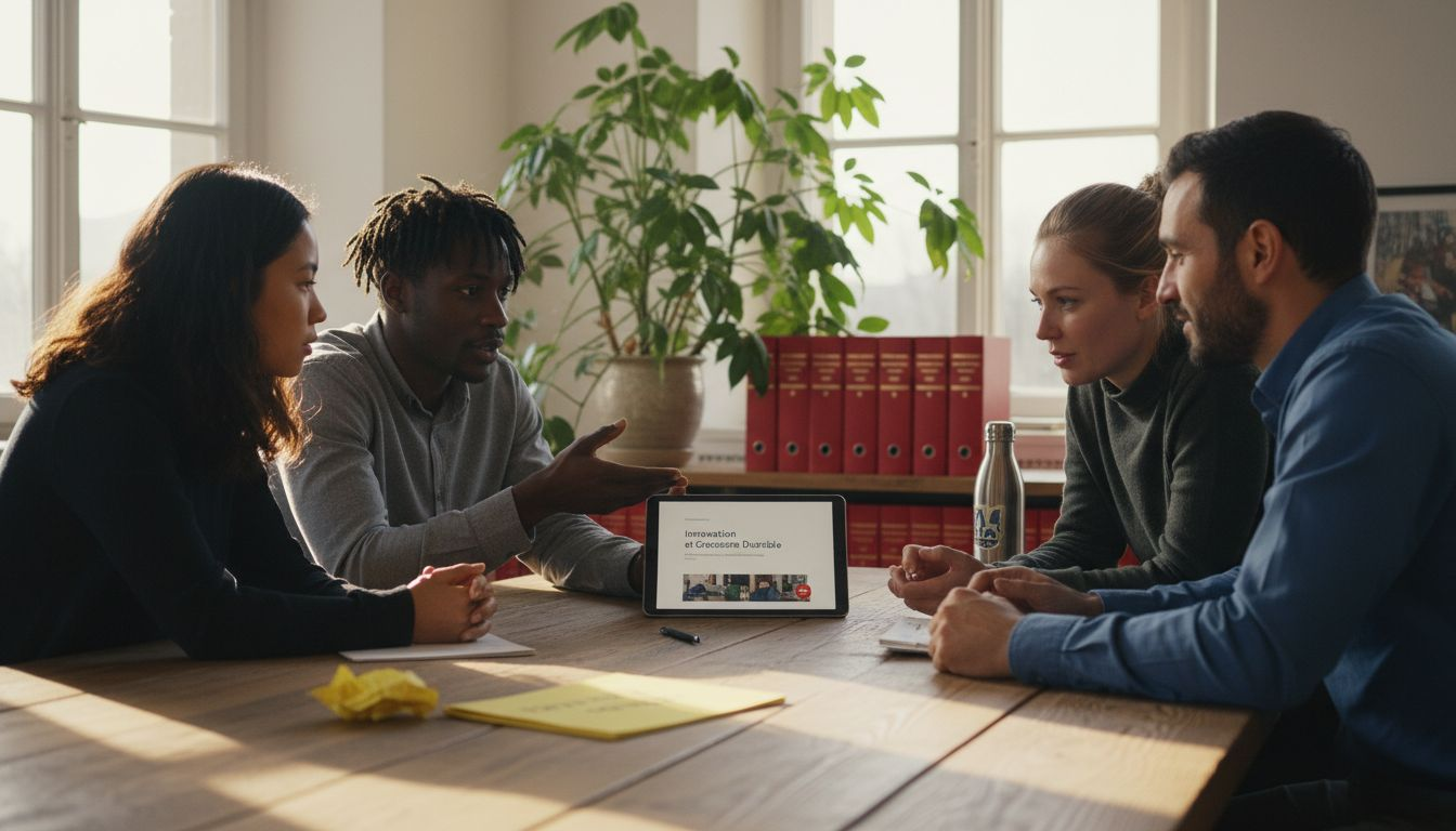 Des collaborateurs échangent autour d’une vidéo de formation dans les locaux suisses de l’entreprise.
