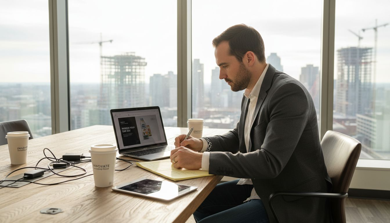 Marketing professional reviewing video ad workspace