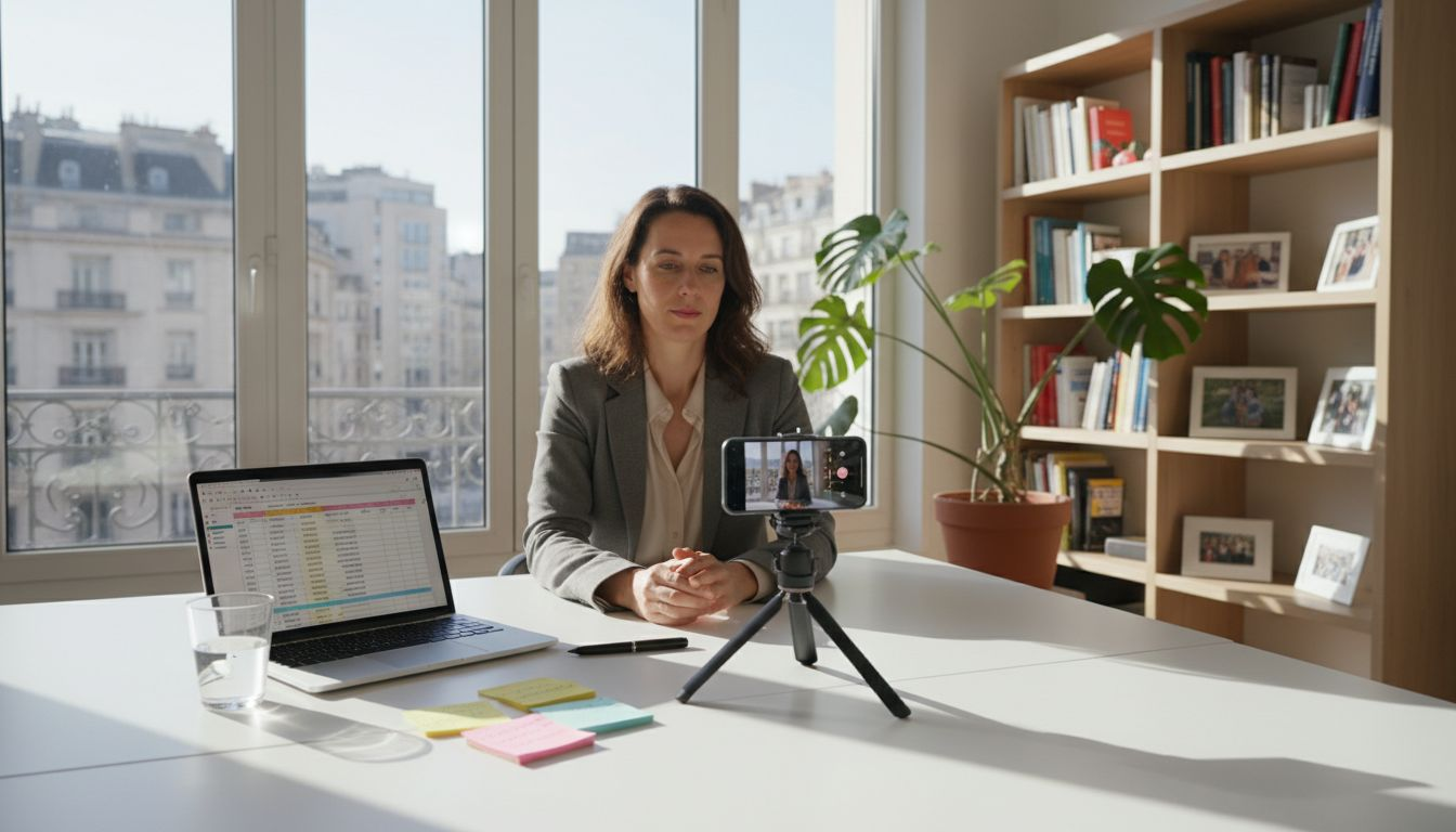 Une femme en train de tourner une vidéo pour les réseaux sociaux dans les locaux d’une entreprise en ville.