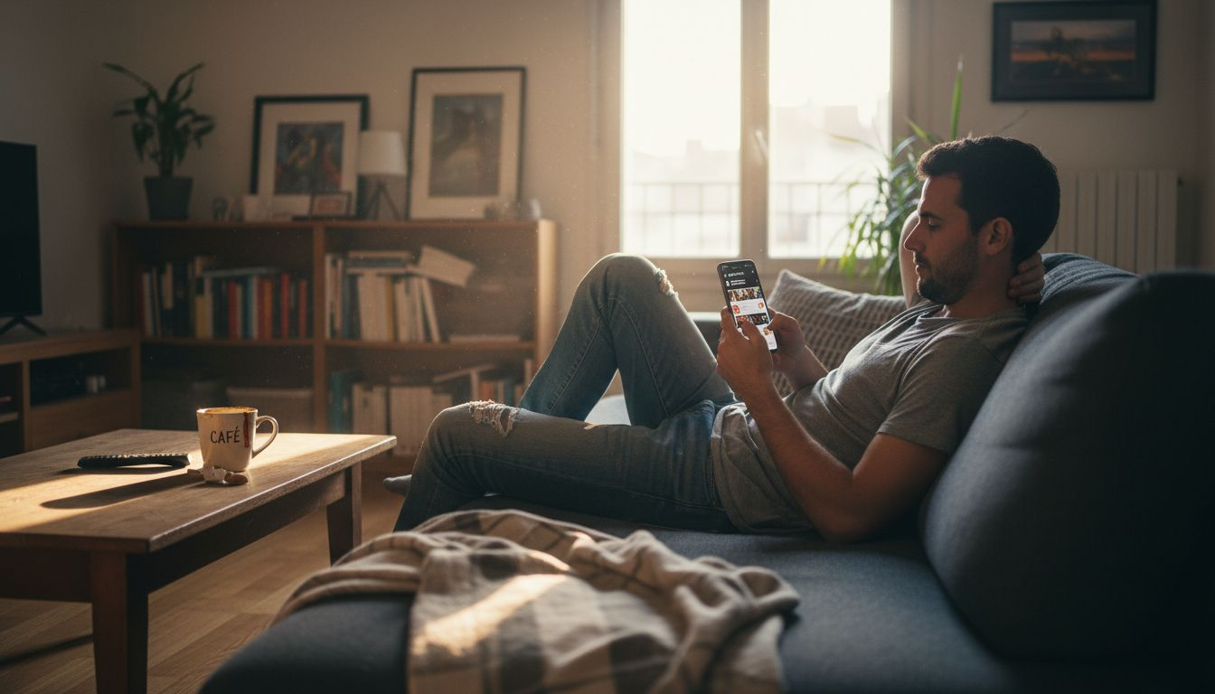 Un homme confortablement installé sur son canapé regarde des vidéos sur les réseaux sociaux.