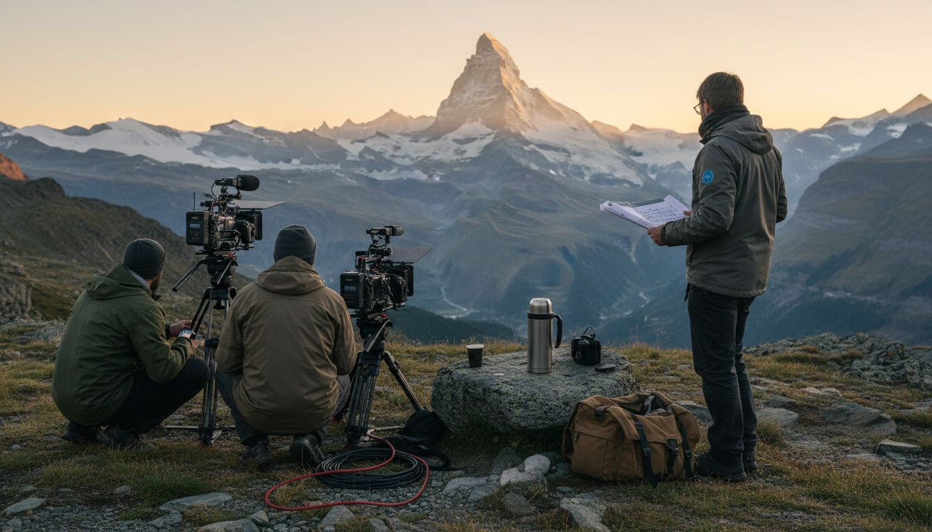 Film crew setting up at Matterhorn viewpoint in sunrise