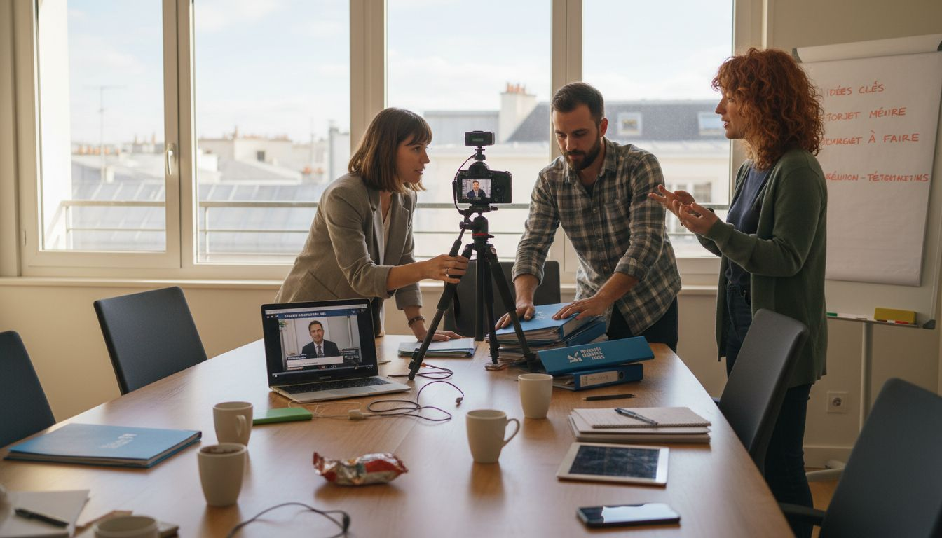 Une équipe suisse se mobilise autour d’un tournage vidéo, unissant leurs compétences pour donner vie à un projet créatif.