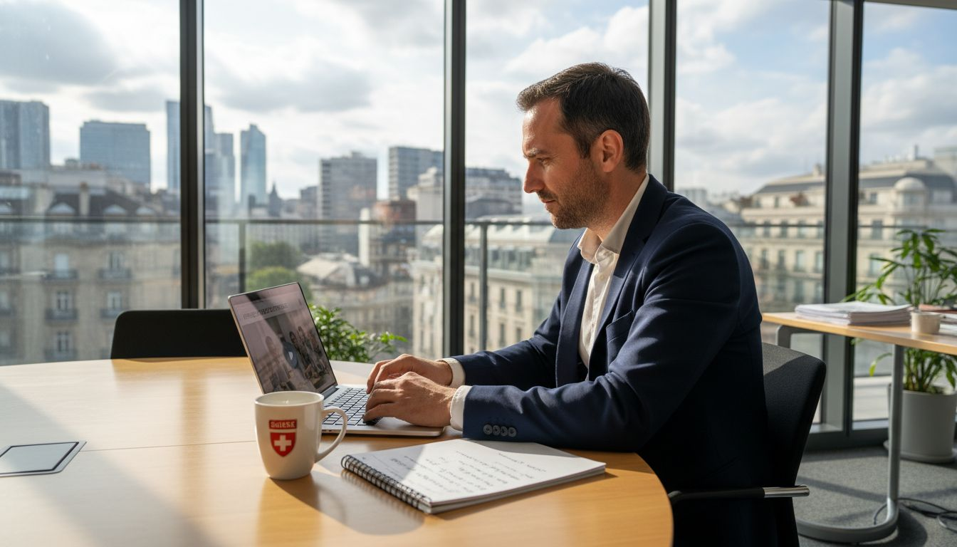 Une responsable marketing visionne en avant-première la nouvelle vidéo de l’entreprise dans les locaux suisses.