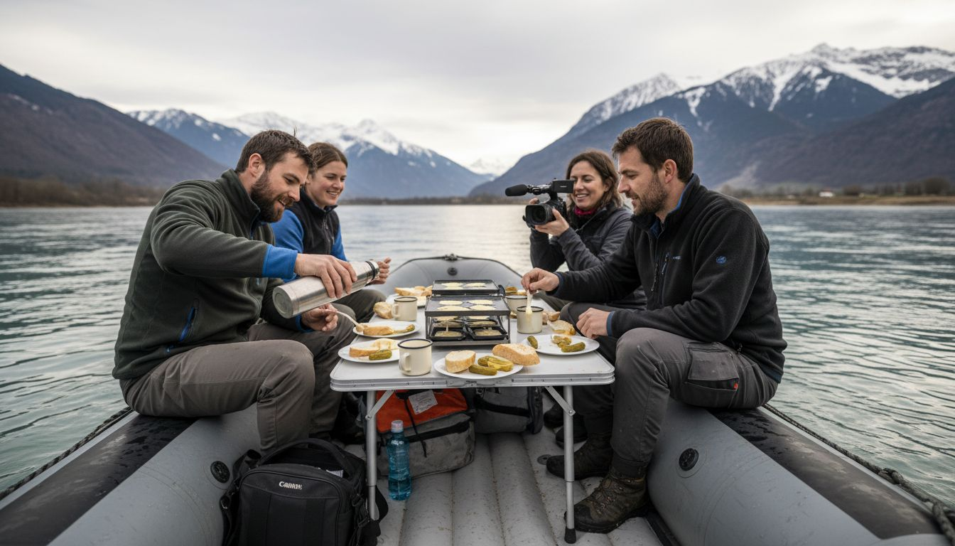 People filming raclette rafting meal on river in Interlaken