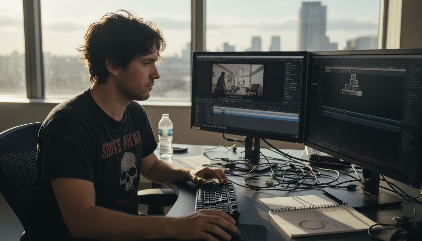 Video editor working in bright, cluttered office