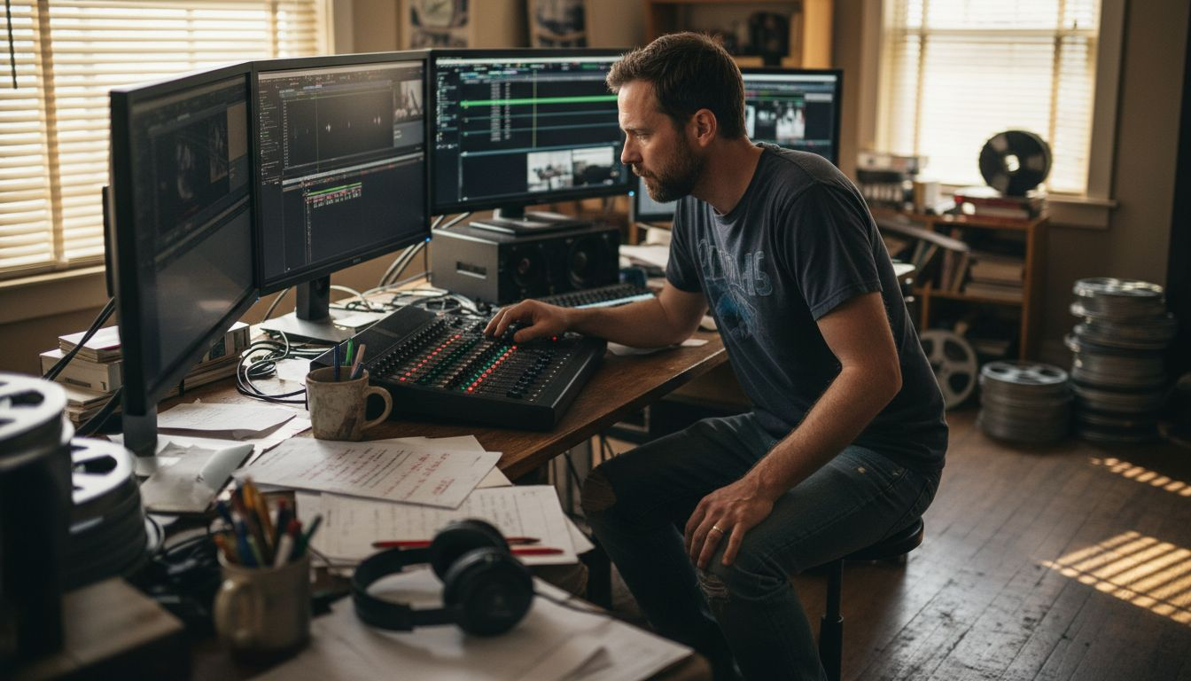 Film editor working at cluttered desktop