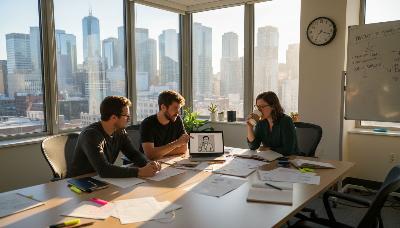 Production team planning with video brief in office