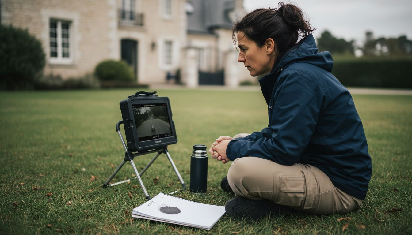 Un technicien analyse les images filmées par drone aux abords d'une maison de standing.