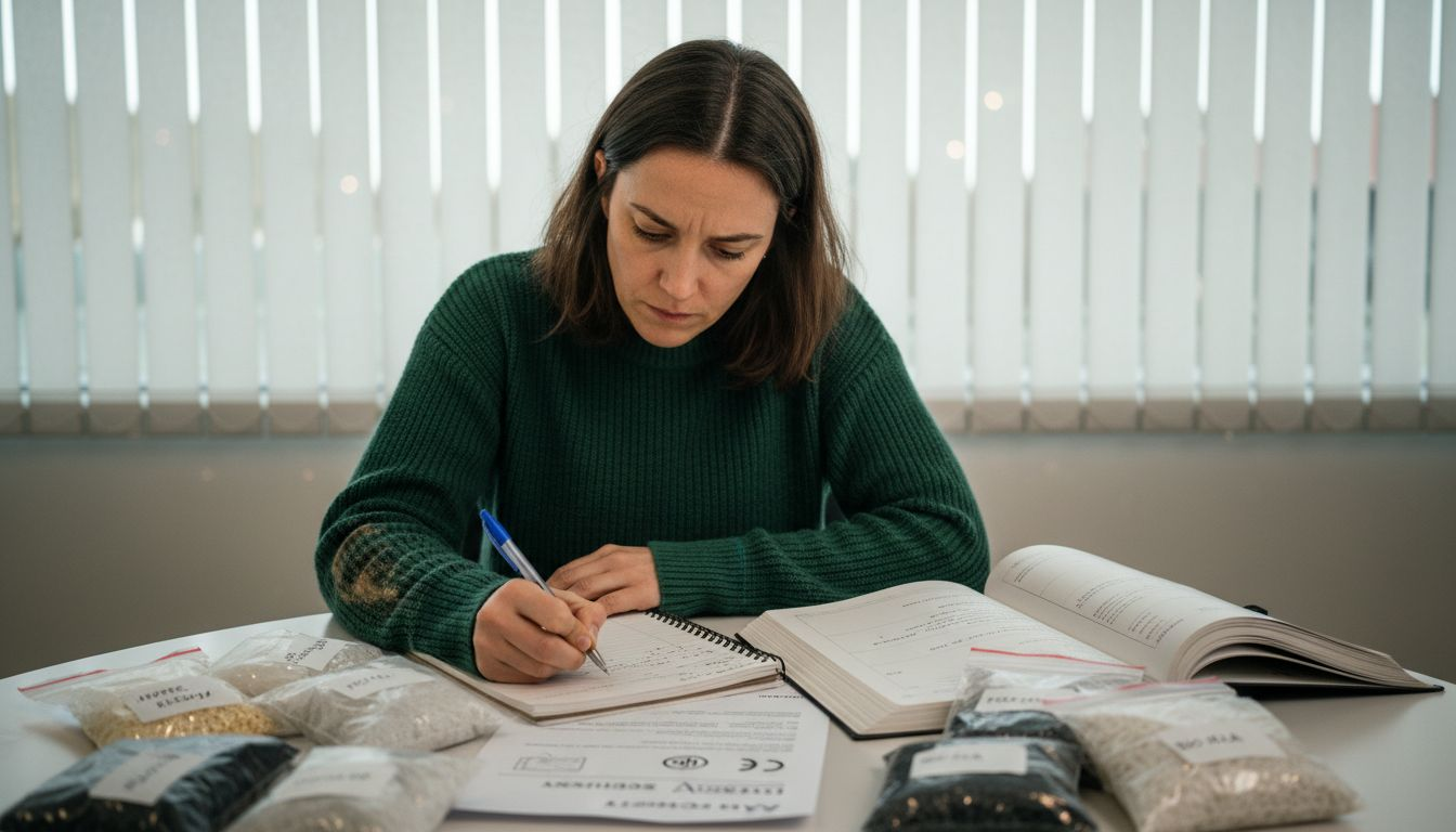 Scientist reviewing biodegradable standards at table