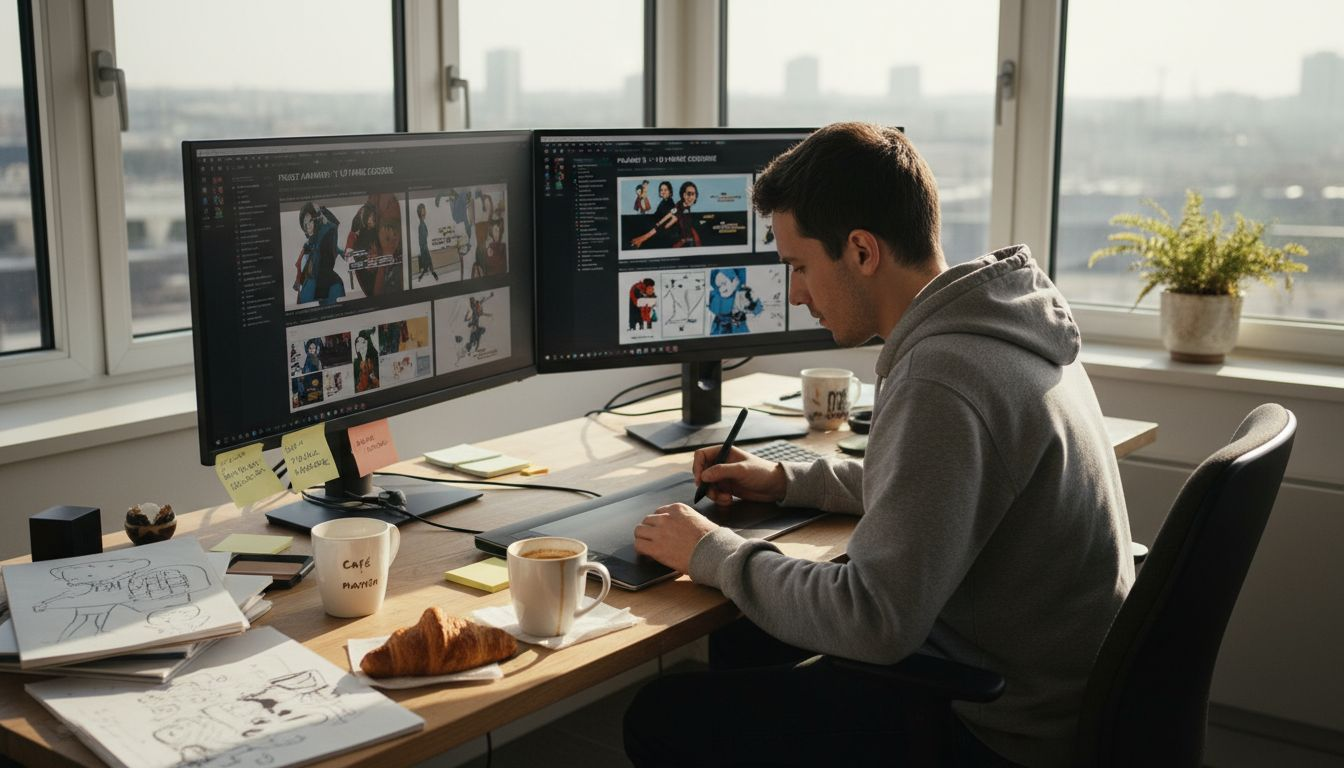 Un designer donne vie à une animation graphique dans un studio baigné de lumière.
