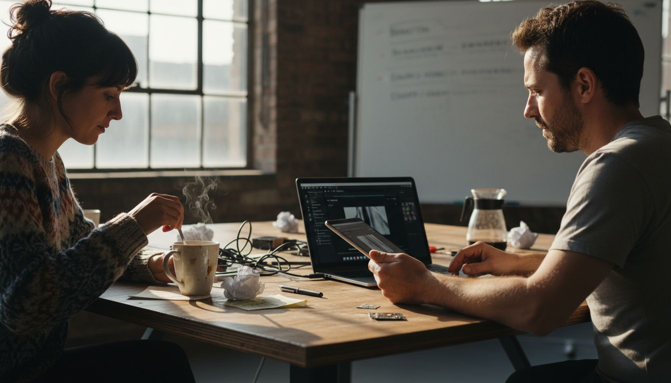 Une équipe échange sur différentes techniques d’animation dans un espace de travail créatif.