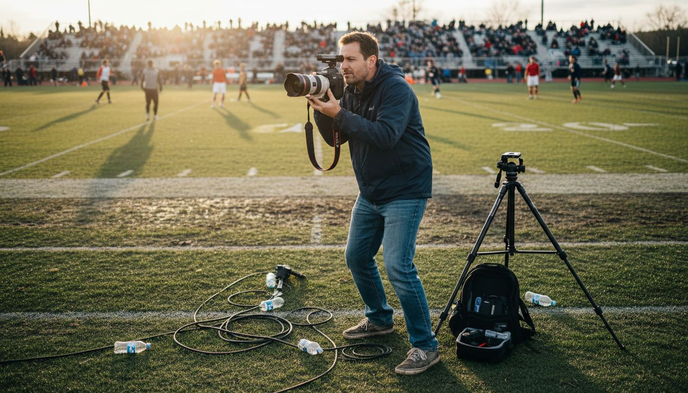 Sports videographer filming at football match