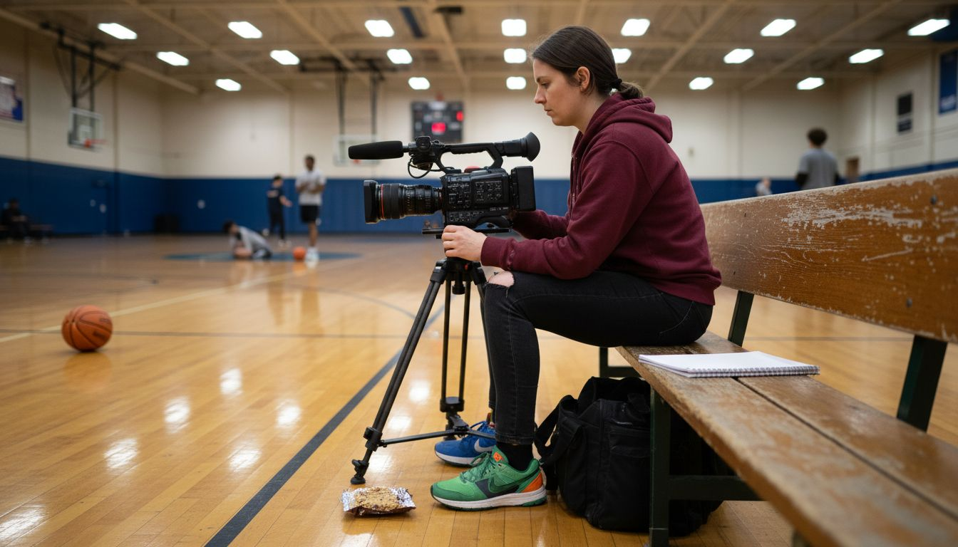 Videographer setting up camera on basketball court
