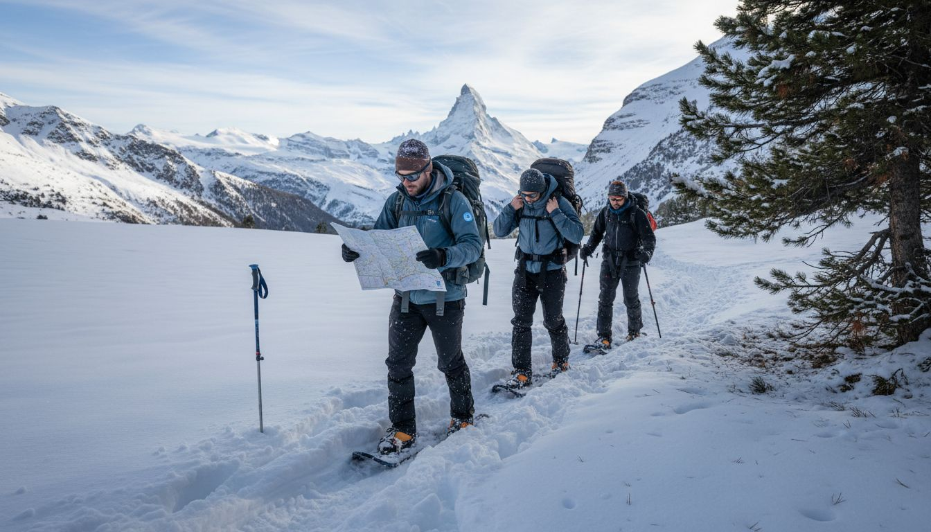 Snowshoe hikers on Swiss Alps trail