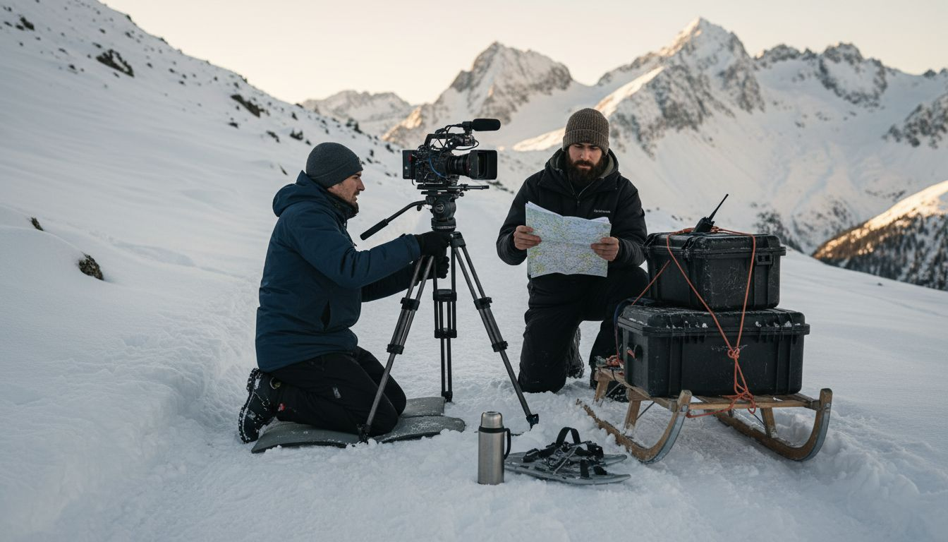 Crew filming on Swiss snowy mountain